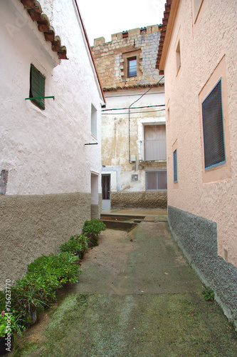 Narrow street in a little town with castle at the end