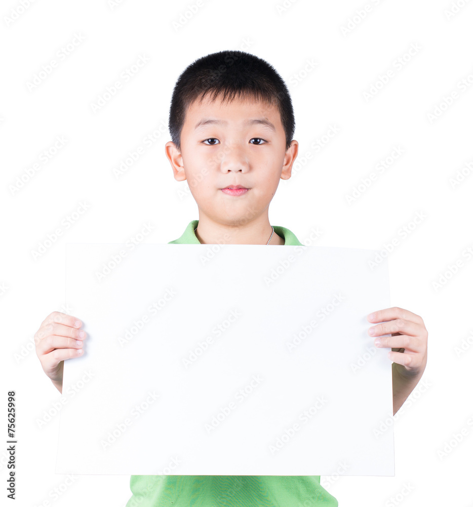 Smiling boy standing with empty horizontal blank paper in hands Smiling boy standing with empty horizontal blank paper in hands