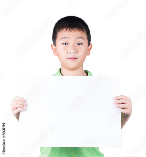 Smiling boy standing with empty horizontal blank paper in hands