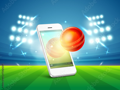 Cricket sports concept with smartphone and ball.