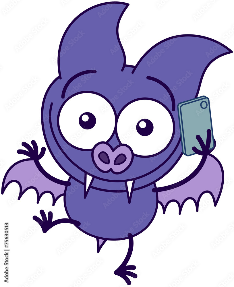 Fototapeta premium Purple bat talking enthusiastically on a smartphone
