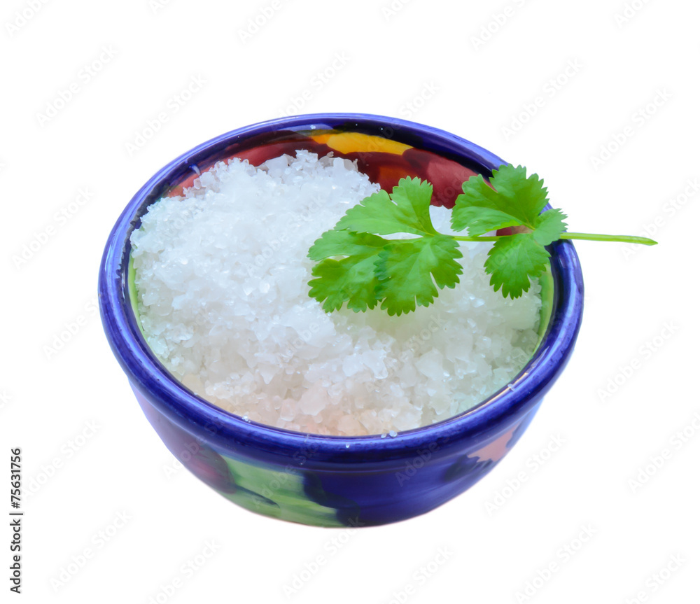 Sea salt and cilantro or coriander isolated on white Sea salt and cilantro or coriander isolated on white