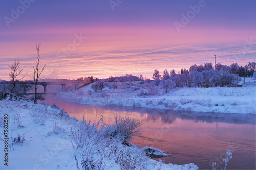 Winter dawn in the Moscow region. Frost
