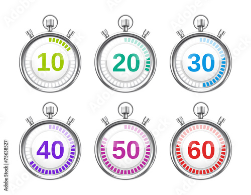 Six Colorful Stopwatches with Varying Times