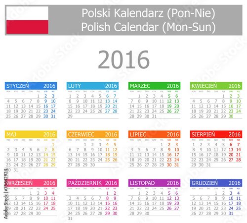 2016 Polish Type-1 Calendar Mon-Sun