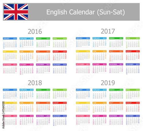 2016-2019 Type-1 English Calendar Sun-Sat