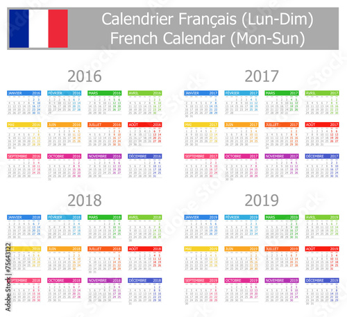 2016-2019 Type-1 French Calendar Mon-Sun
