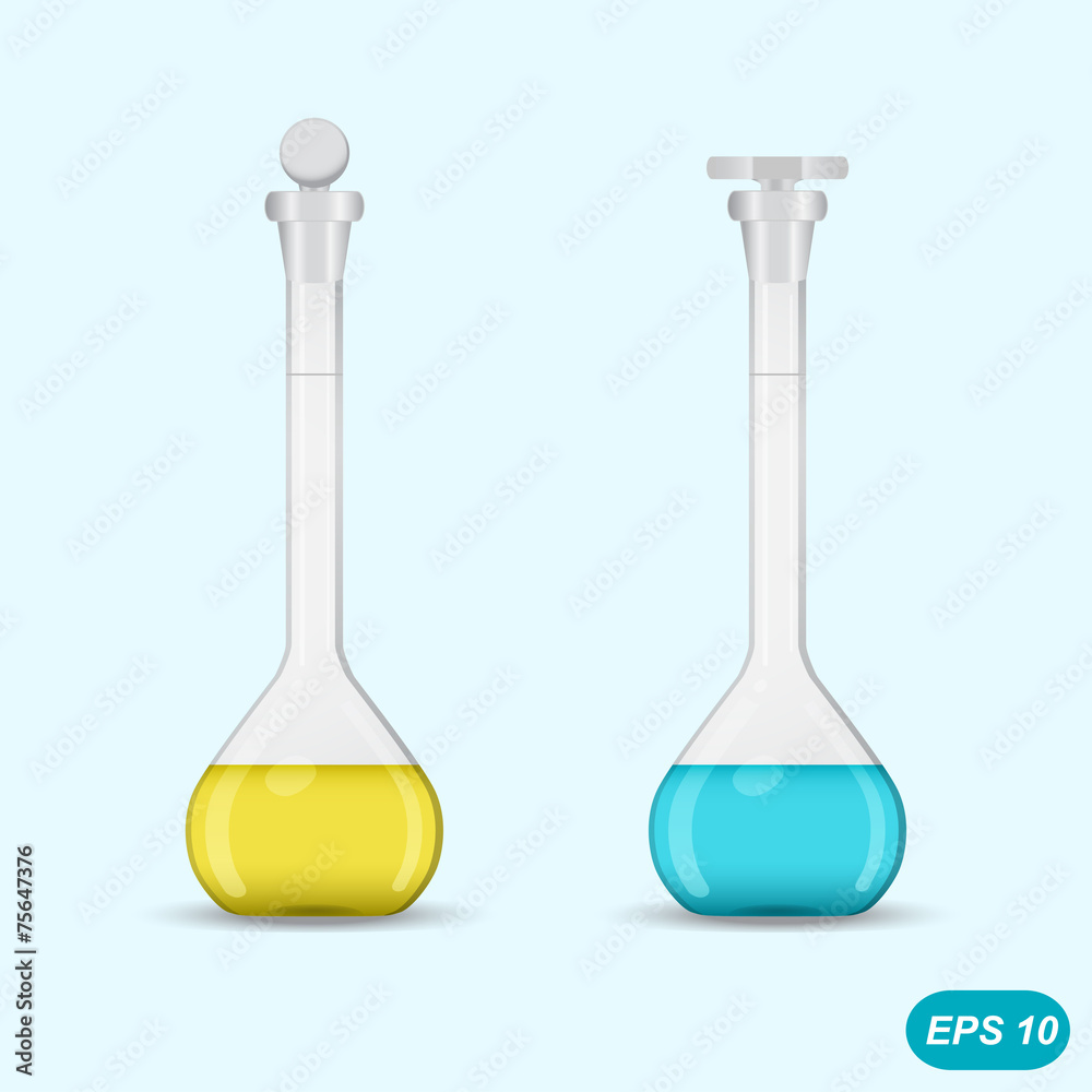 Chemical volumetric flasks with colored solution Chemical volumetric flasks with colored solution