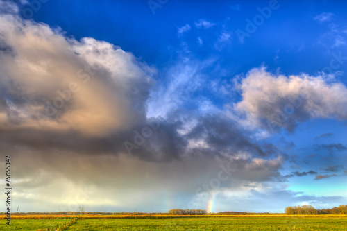 Landscape of grassland with rainbow at the horizon