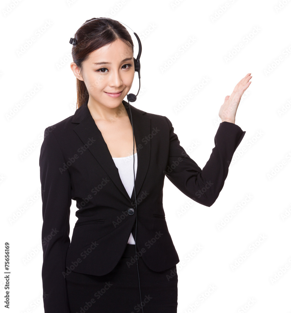 Customer services representative and open hand palm Customer services representative and open hand palm