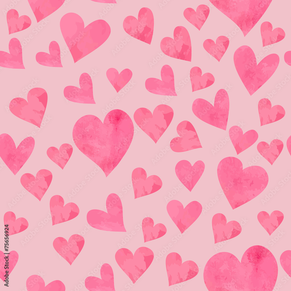 Seamless texture pattern with funny pink watercolor hearts.