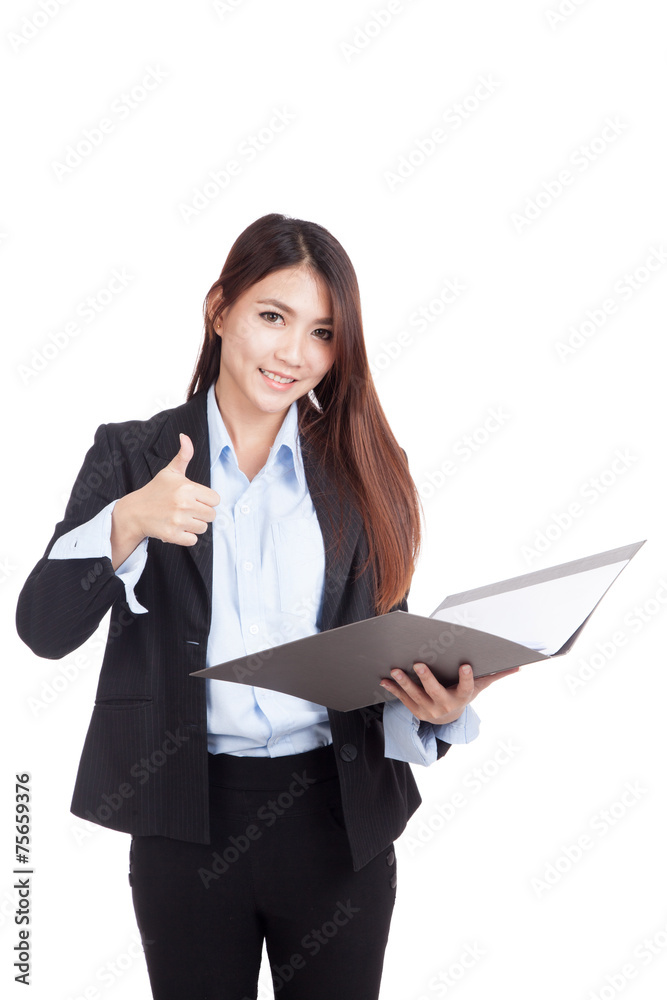 Young Asian businesswoman thumbs up with folder Young Asian businesswoman thumbs up with folder