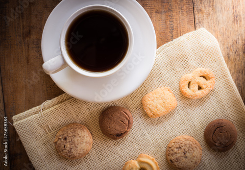 Cup of coffee and Many shapes biscuit