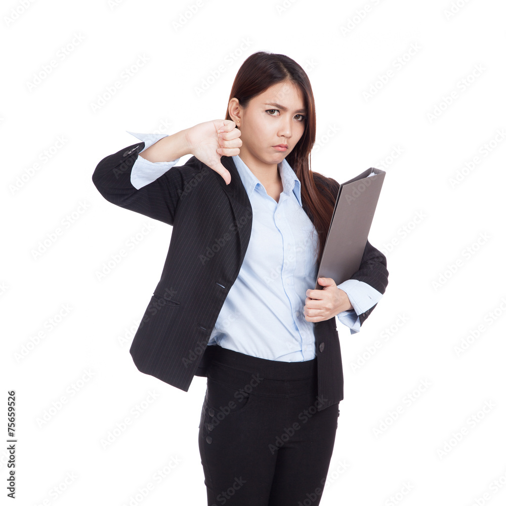 Young Asian businesswoman thumbs down with folder