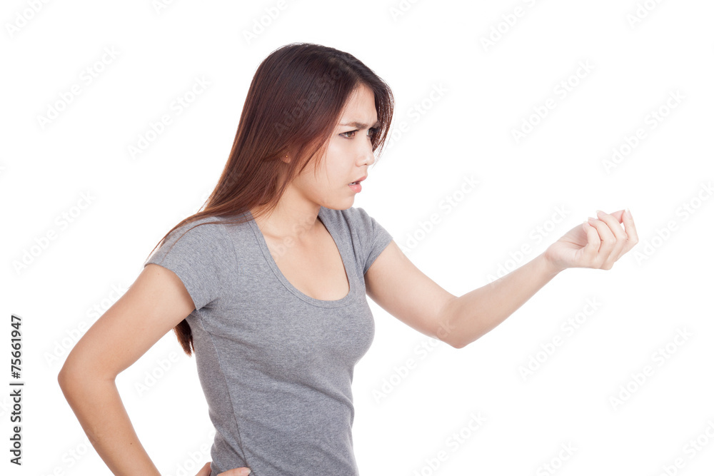 Angry young Asian woman ask for something Angry young Asian woman ask for something