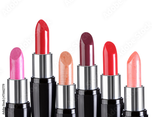Group of colorful lipsticks isolated on white background