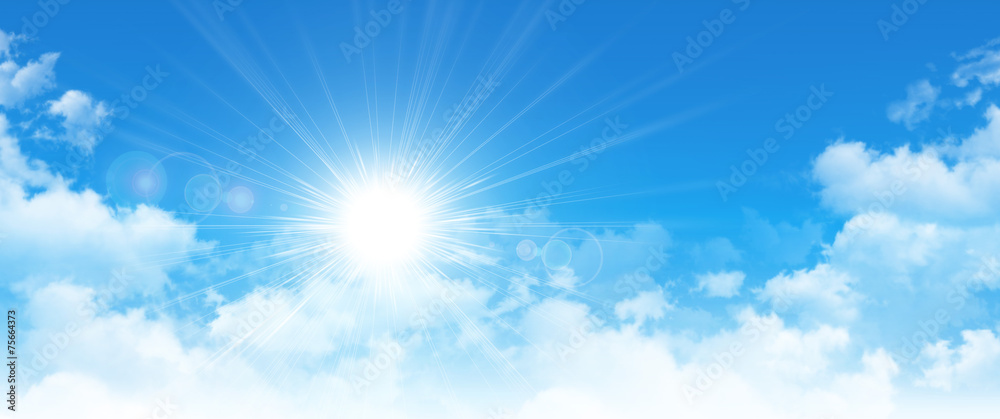 Sun shining in blue sky, white clouds, summer sunshine, spring season, sunny cloudscape