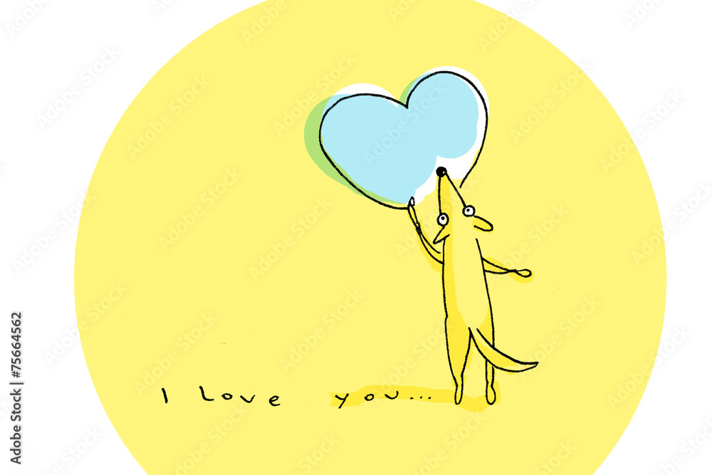 Yellow dog drawing big blue heart on Valentine's Day Yellow dog drawing big blue heart on Valentine's Day