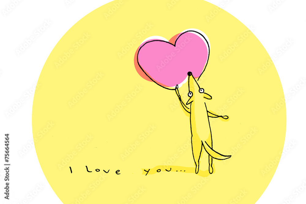 Yellow dog drawing big pink heart on Valentine's Day Yellow dog drawing big pink heart on Valentine's Day