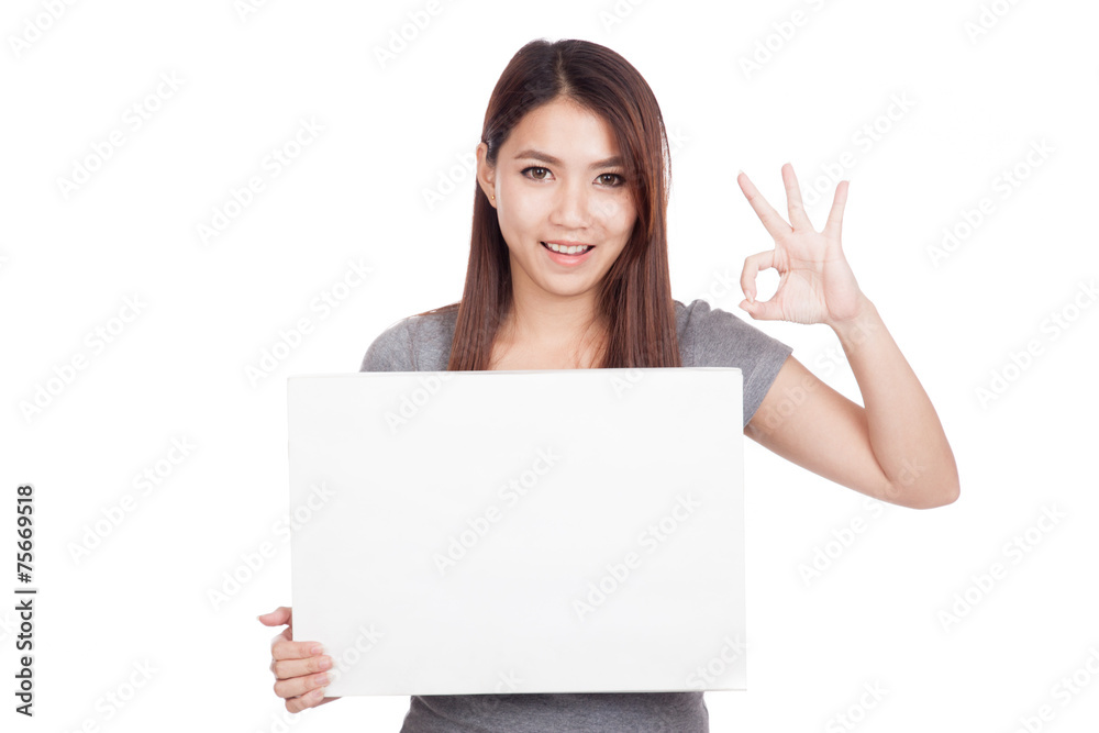 Young Asian woman show OK with blank sign Young Asian woman show OK with blank sign