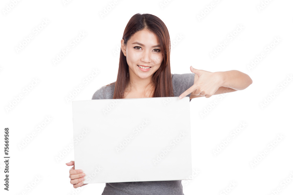 Young Asian woman point to blank sign Young Asian woman point to blank sign