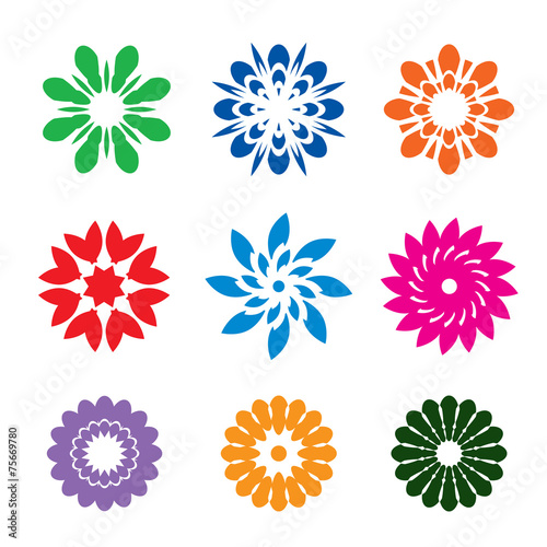 Set of color geometric flowers, stars and graphic elements