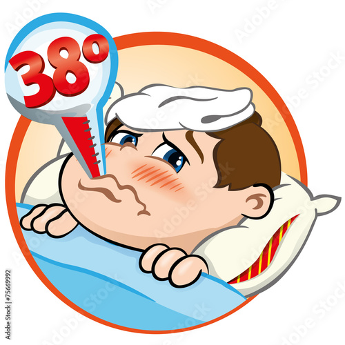Child sick with fever lying with a thermometer in his mouth.