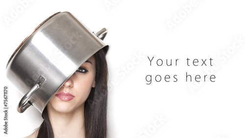 Girl wearing a pot as hat card photo