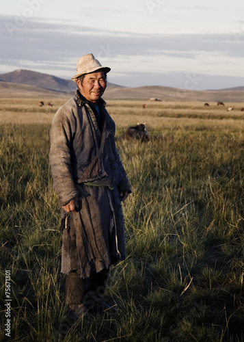 Mongolian Milking Man Standing Scenic Field Concept