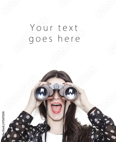 Surprised girl looking through binoculars card