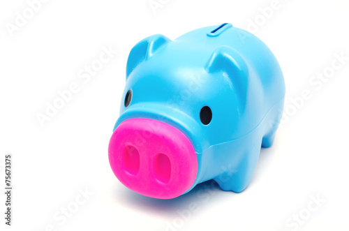 Blue piggy bank or money box isolated on white background.