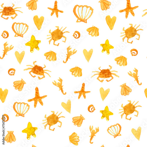 Summer background with beach crabs  hearts and starfish