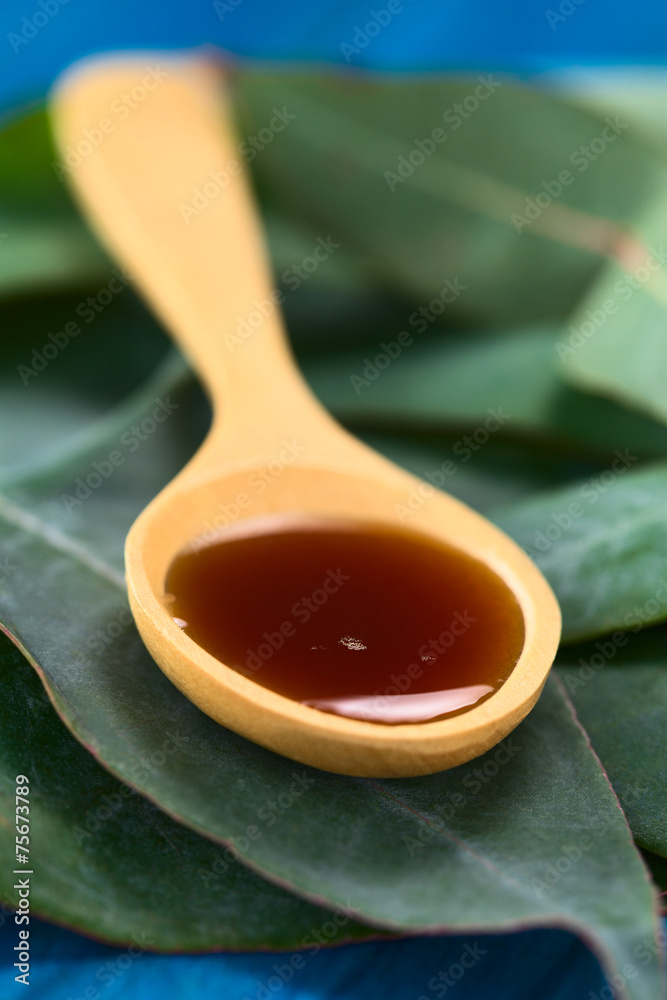 Eucalyptus cough syrup on spoon on Eucalyptus leaves Stock 写真 Adobe Stock