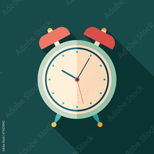 Retro alarm clock square icon with long shadows.