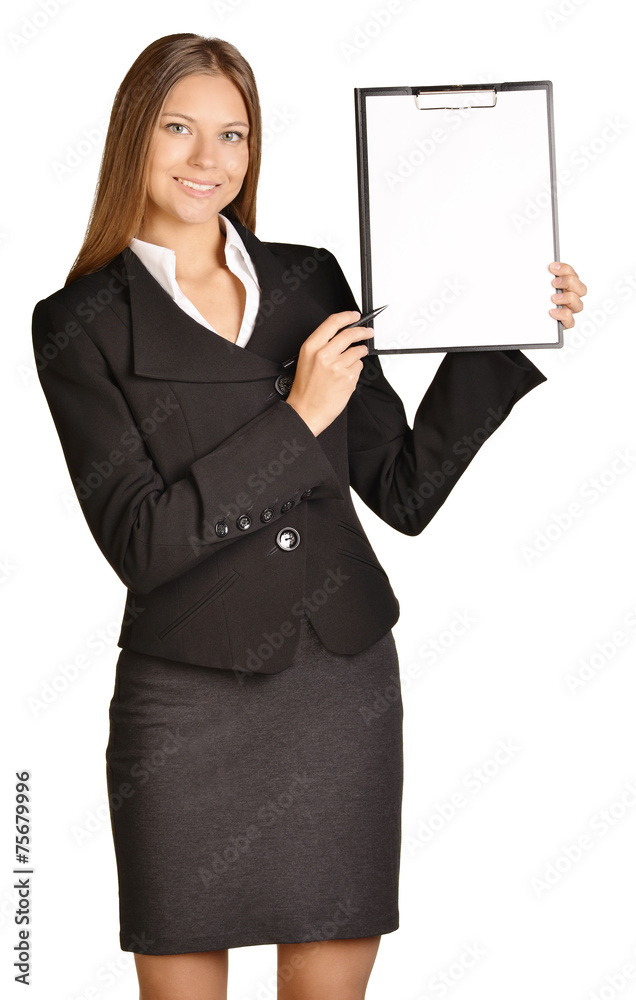 Business woman shows ballpoint pen on clipboard. Business woman shows ballpoint pen on clipboard.