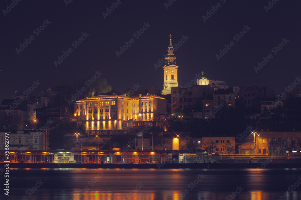 Belgrade at night from the river Sava.