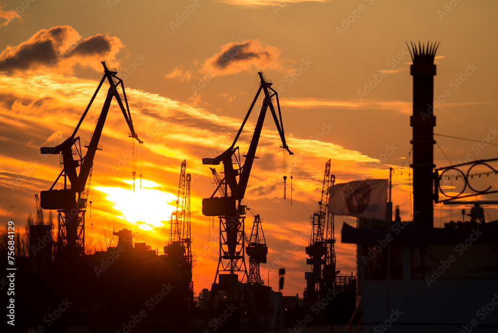 Sunset in the port of Hamburg, Germany