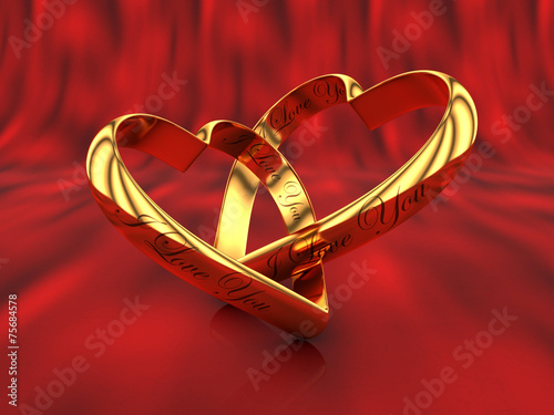 Two gold hearts on a red with the words I love you