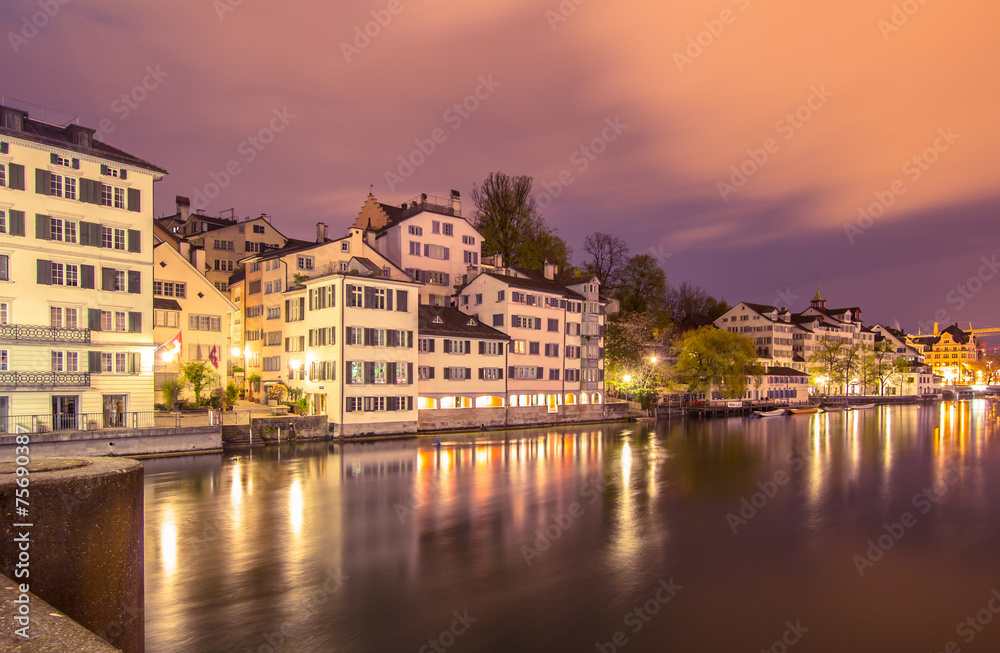 Swiss city Zurich in the night
