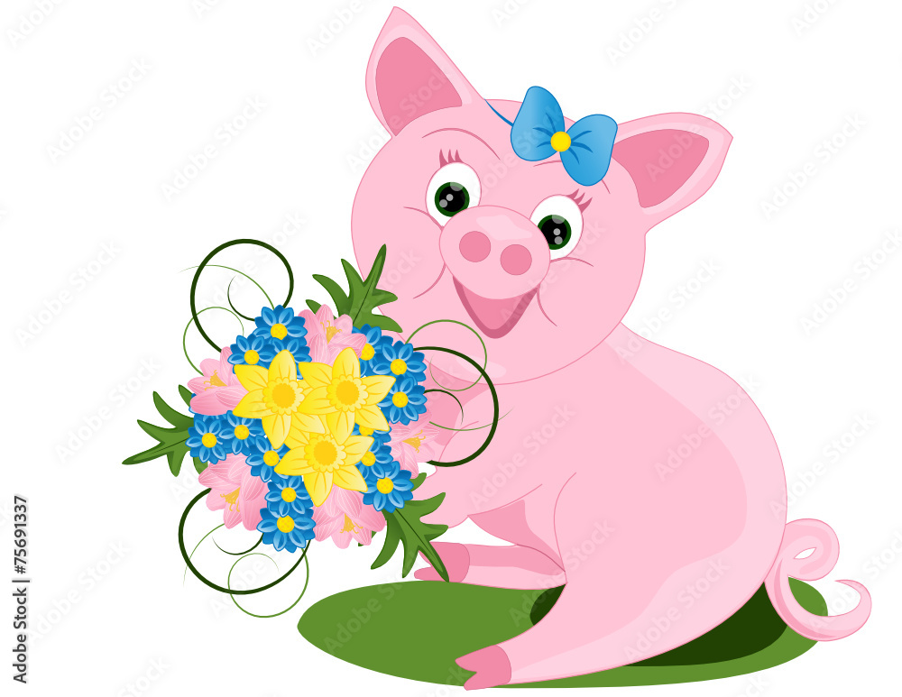 Obraz Kleines Schwein schenkt Blume