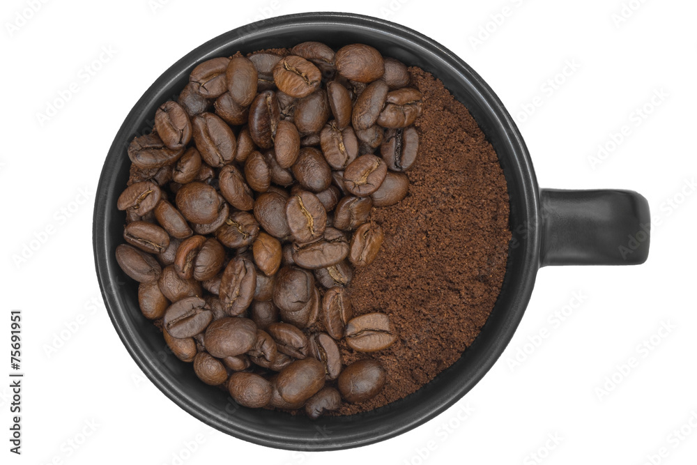 coffeebeans put in a coffee cup isolated on white background coffeebeans put in a coffee cup isolated on white background