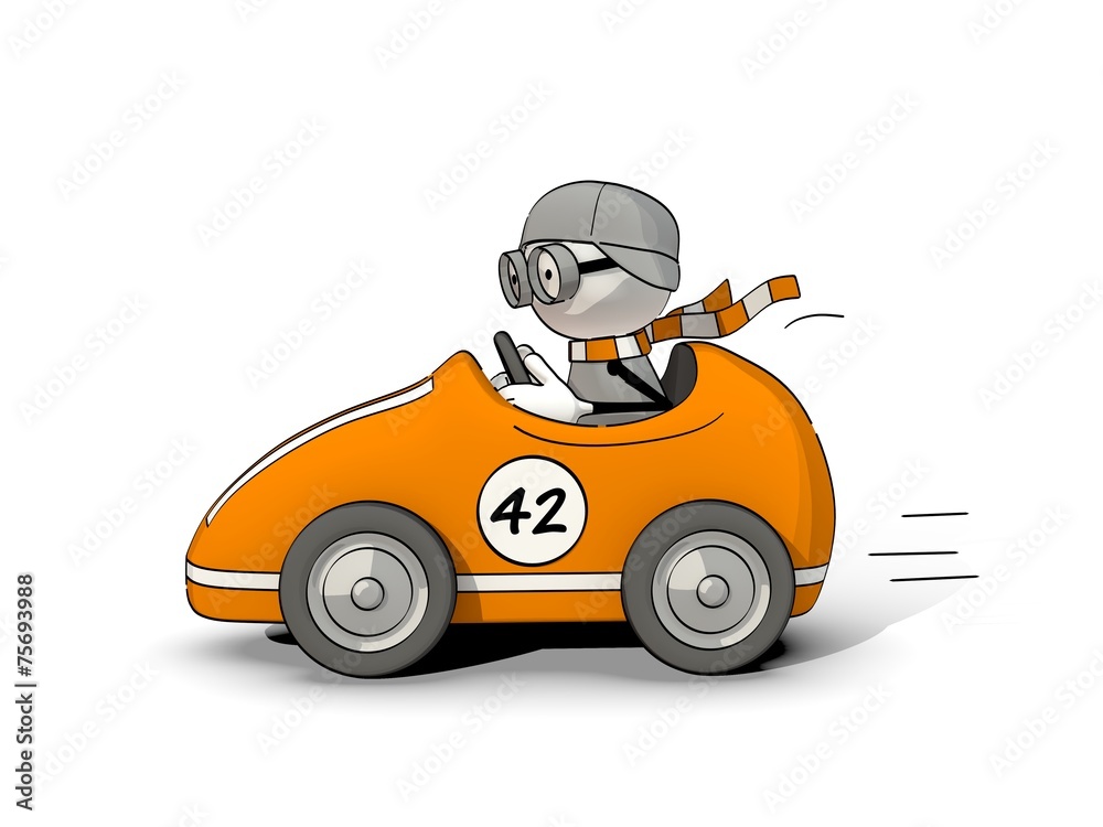 little sketchy man driving in an orange racing car