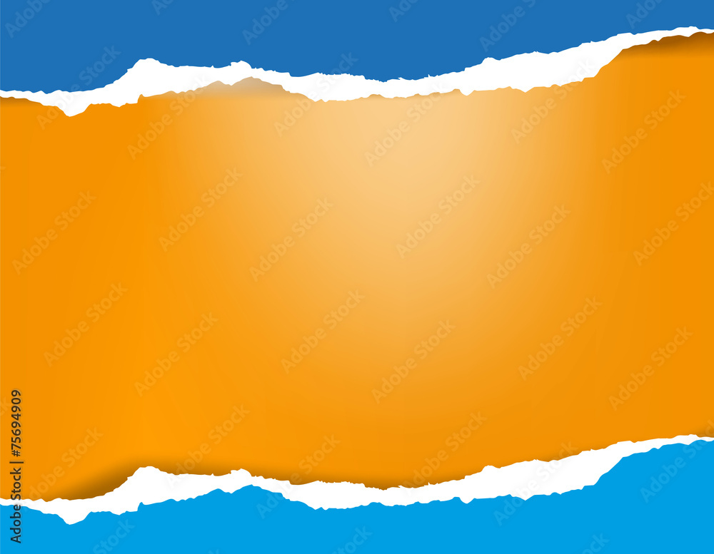 Bright azure blue torn paper background with shadow on orange ba
