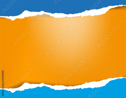 Bright azure blue torn paper background with shadow on orange ba