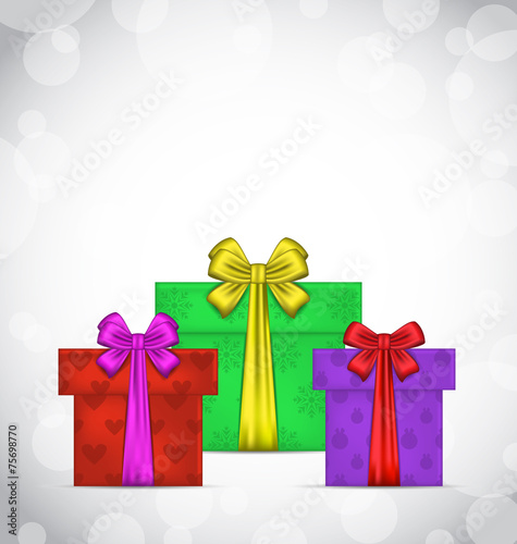 Set Christmas gift boxes on light background