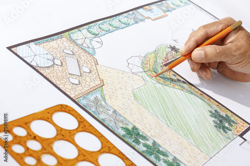 Bilde på lerret Landscape architect design L shape garden plan