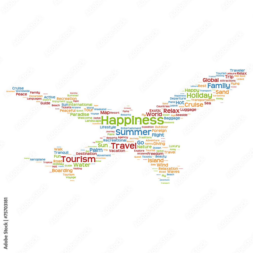 Fototapeta premium Conceptual travel or tourism plane word cloud