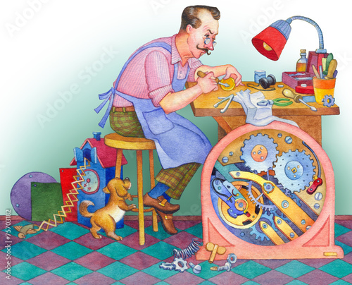 Bilde på lerret Watercolor illustration. Watchmaker at his workshop