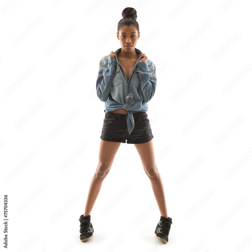 Brazilian teenager wearing jeans shirt isolated on white backgro Brazilian teenager wearing jeans shirt isolated on white backgro