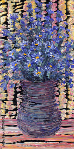 Still life oil painting. Bouquet of blue flowers in dark vase